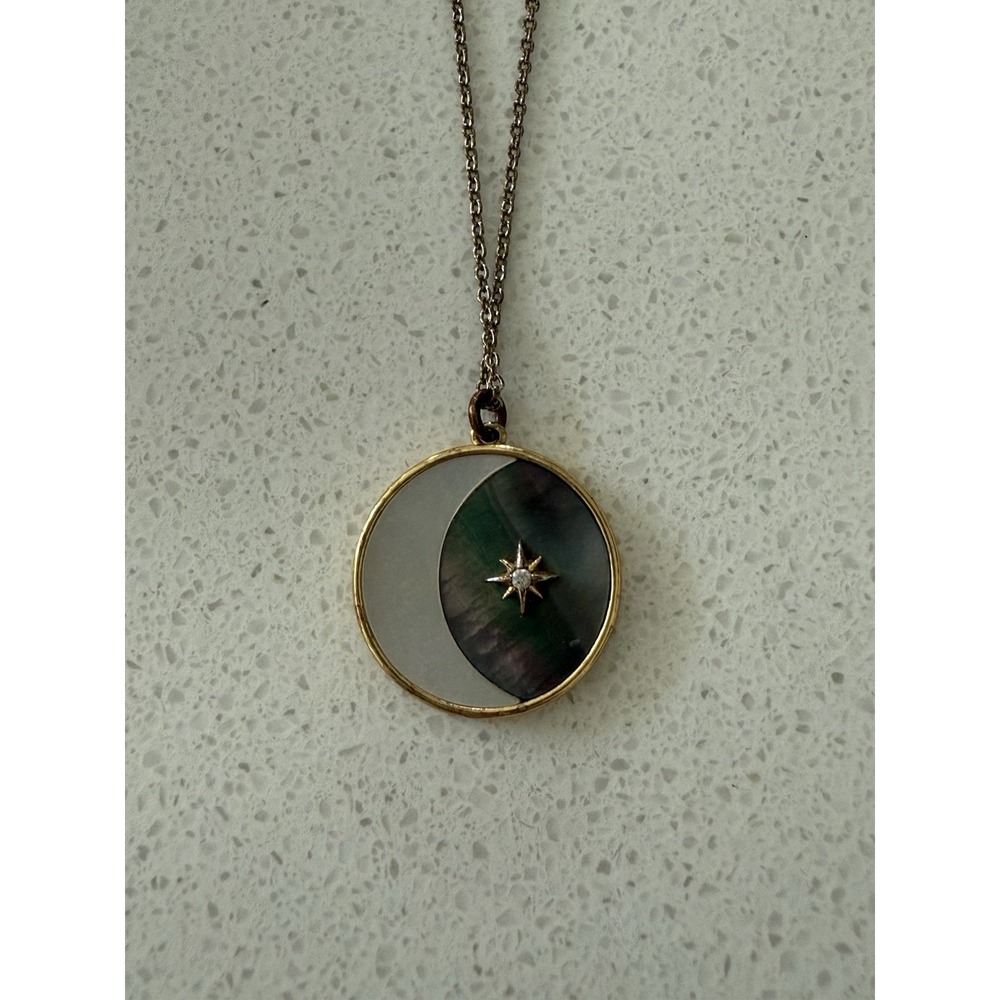 Tai Enameled CZ Moon & Star‎ Mother Of Pearl Round Pendant Necklace